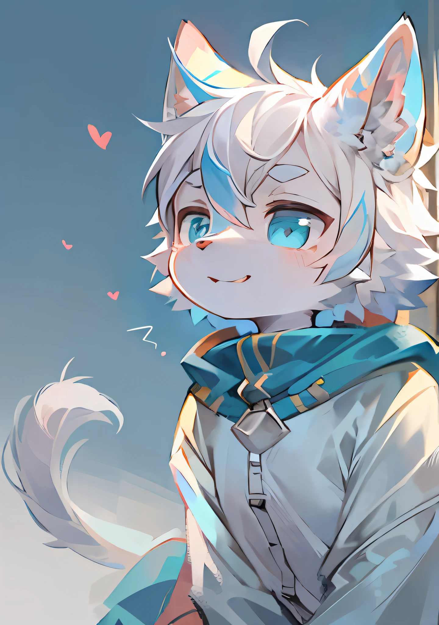 (8K, Best quality, Masterpiece:1.2),Masterpiece,High quality,abstract res,Digital painting\(artwork of a\), by Dagasi, Yupa,Kiyosan,(anthro,Fluffy fur,Character focus:1.1),anthro male cat,Short hair, eyes with brightness, in a panoramic view, Character focus.(detailedbackground:0.7), 独奏, shaggy, shaggy male, malefocus, anthr,(Short head，Full Body Furry, Fluffy tail, Pure white fur, White ears，White，Handheld white telephoto lens，Fair legs，blue color eyes, White color hair:1.2), (long canines、cloaks：1.2），Confident and happy expression,kawaii,Cute,Fancy,Fragile,Cool,Handsome. Look into the distance