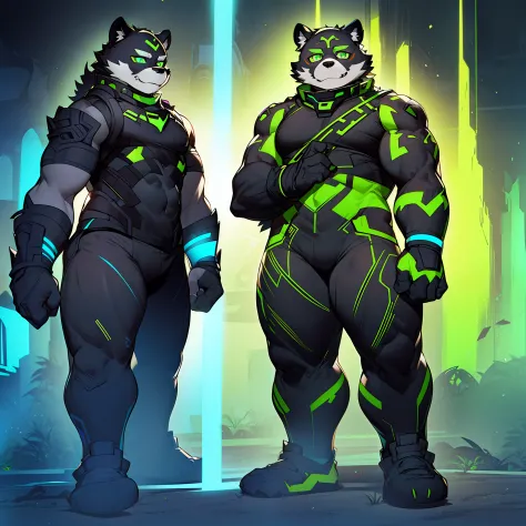 furry，black panther，fluorescent green pattern，green pupills