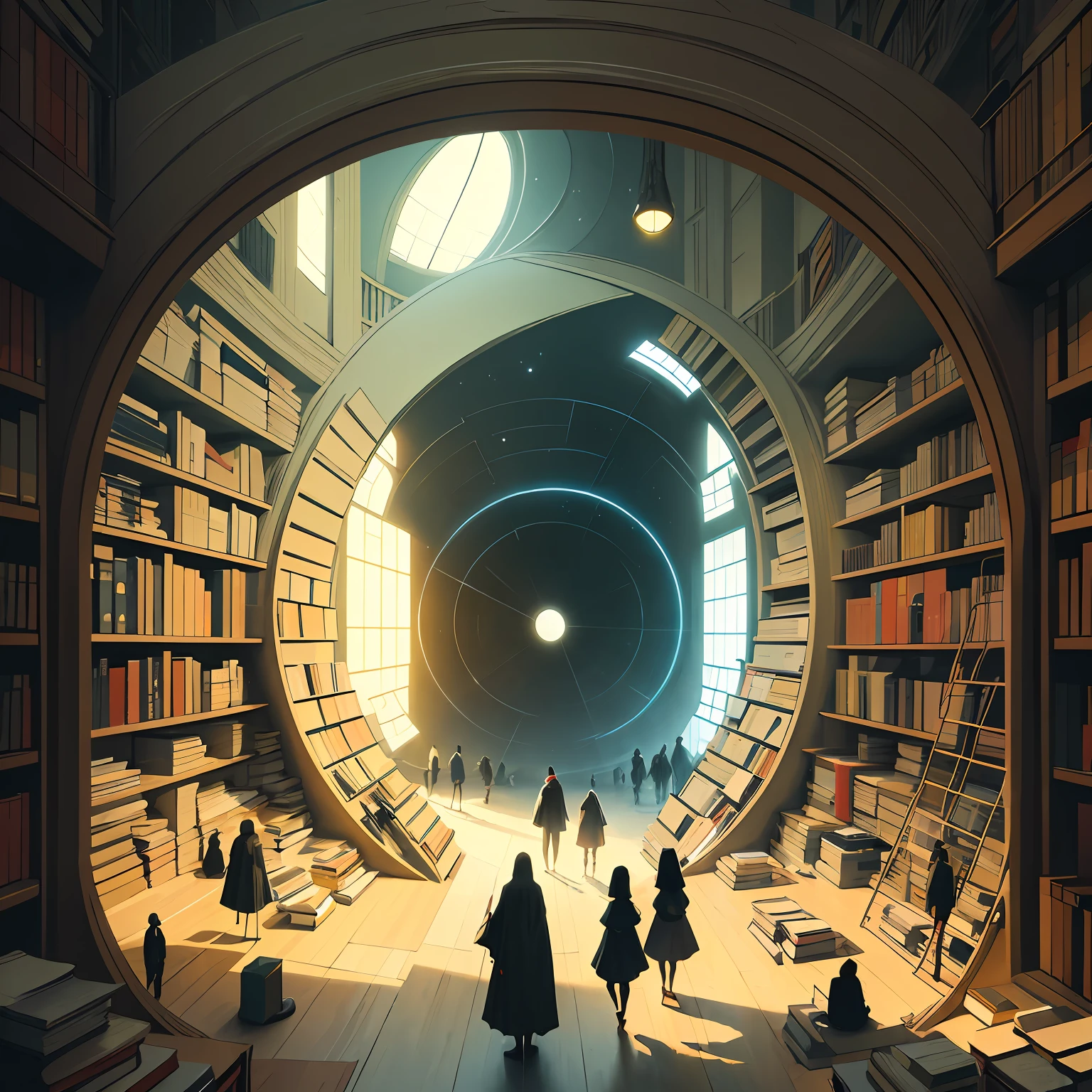 Arafed image of people, standing in the library with books, (Magic Library, Fantastic design, Möbius strip), Endless Books, Artworks of the Space Library, Book Cave, Fantasy book illustration, Spiral shelves, Complete Books, The Infinite Celestial Library, The Eternal Library, gothic epic library concept, The Magic Library, Japanese science fiction books, beeple and jean giraud, Books are everywhere