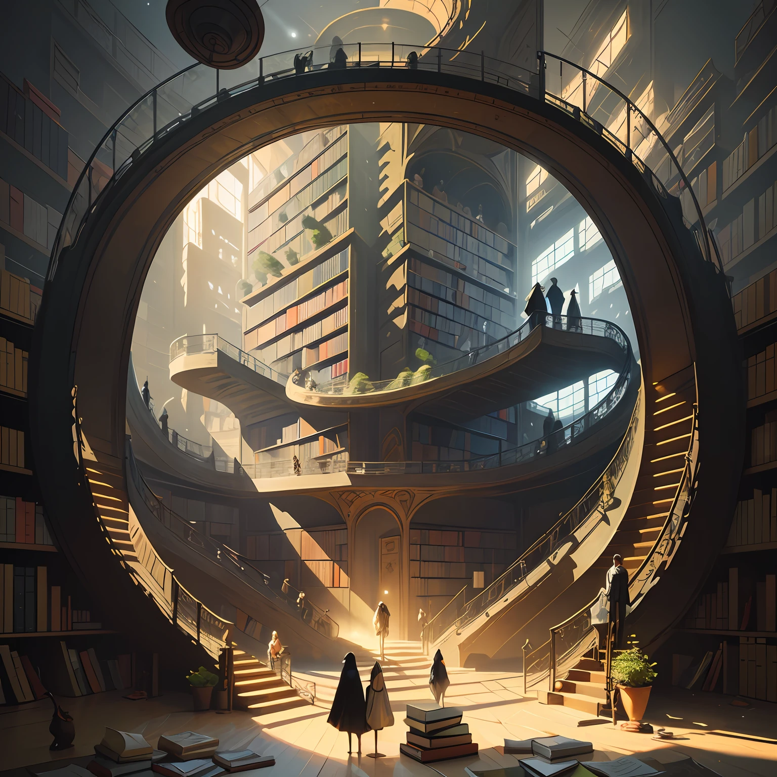 Arafed image of people, standing in the library with books, (Magic Library, Fantastic design, Möbius strip), Endless Books, Artworks of the Space Library, Book Cave, Fantasy book illustration, Spiral shelves, Complete Books, The Infinite Celestial Library, The Eternal Library, gothic epic library concept, The Magic Library, Japanese science fiction books, beeple and jean giraud, Books are everywhere