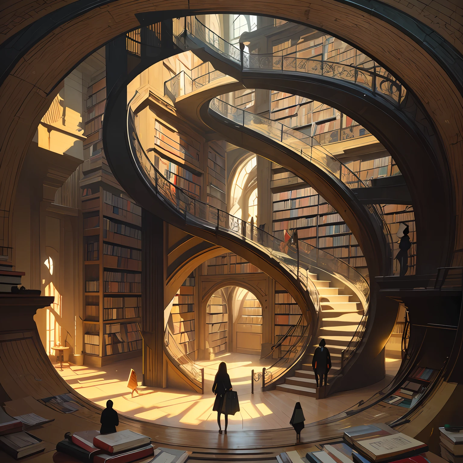 Arafeds Menschenbild, in der Bibliothek mit Büchern stehen, (magische Bibliothek, Fantastisches Design, Möbius strip), endlose Bücher, Kunstwerke der Space Library, Bücherhöhle, Fantasiebuchillustration, Spiralregale, Komplette Bücher, Die unendliche himmlische Bibliothek, Die Ewige Bibliothek, Konzept einer gotischen epischen Bibliothek, The magische Bibliothek, Japanische Science-Fiction-Bücher, Beeple und Jean Giraud, Bücher sind überall