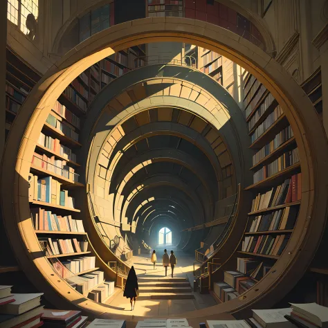 Arafed image of people, standing in the library with books, (Magic Library, Fantastic design, Möbius strip), Endless Books, Artw...