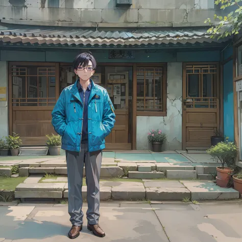 Wearing a blue jacket、A bespectacled Arafeld man stands in front of a building, qi sheng luo, Li Zixin, author li zhang, huifeng...