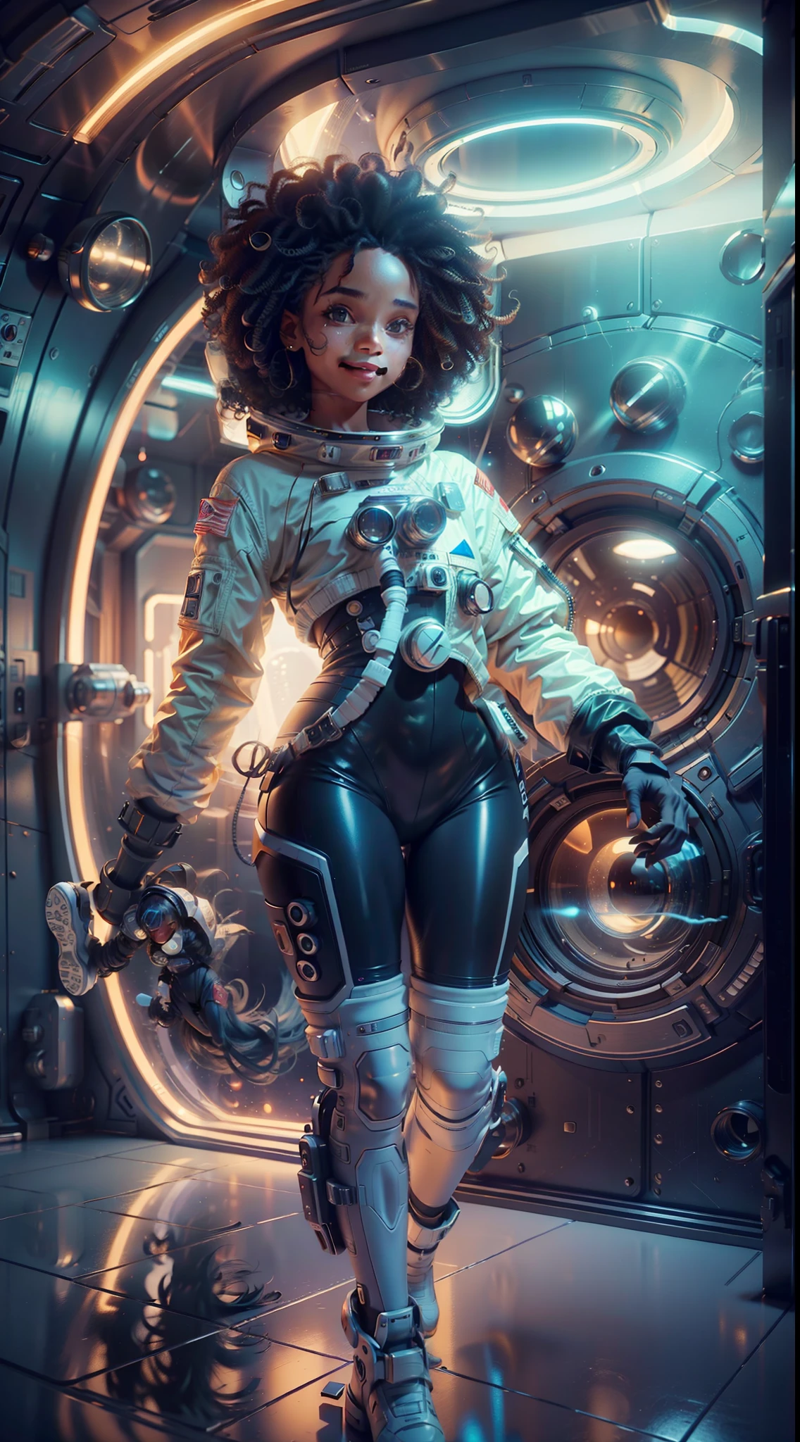 Uma garota de corpo inteiro, pele negra e cabelos cacheados flutua dentro de uma grande cápsula gravitacional, (Sorriso perfeito: 1.8), proporção áurea, retrato de anime Garota Cadete Espacial, de um filme de ficção científica 2 0 1 9 8 K, Astronauta futurista Zoe Kravitz, Filme 8K ainda, filme ainda em 8K, Zoe Kravitz como astronauta,  em traje espacial, garota no espaço, vista panorâmica, renderização de retrato 8k, mulher bonita em traje espacial, amplitude, plano aberto, cinematic, fotorrealismo, fotografado em uma Canon EOS-1D X Mark III, Lente de 150 mm, F/0.8, foco nitído, volumetric fog, Luz dramática, luz volumétrica, néon, 8k hd, Câmera DSLR, qualidade máxima, grão de filme, anamórfico, amplitude