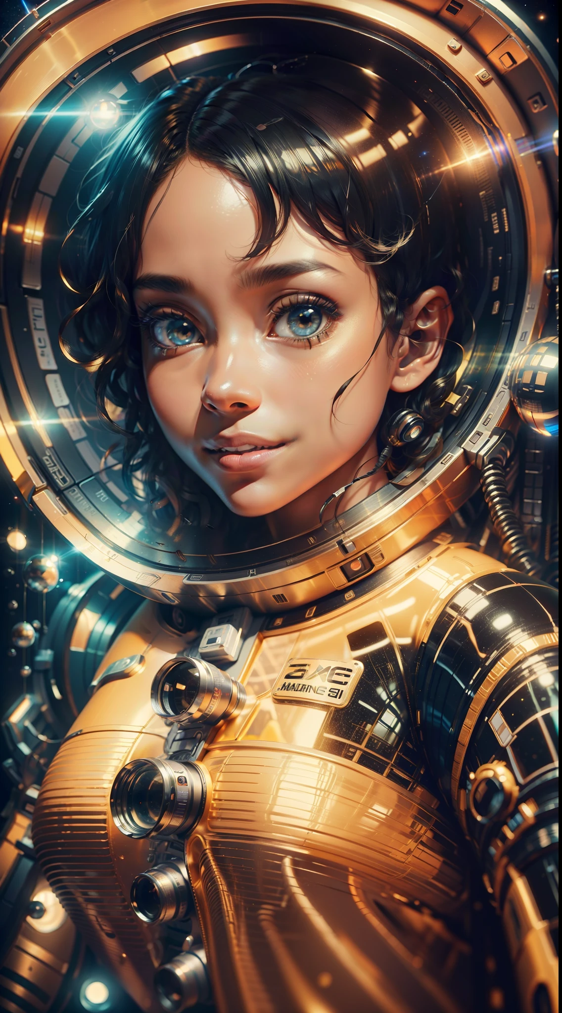 Une fille au corps entier, à la peau noire et aux cheveux bouclés, flotte à l&#39;intérieur d&#39;une grande capsule gravitationnelle, (Sourire parfait: 1.8), Nombre d&#39;or, portrait d&#39;anime fille des cadets de l&#39;espace, d&#39;un film de science-fiction 8 K de 2 0 1 9, Zoe Kravitz, astronaute futuriste, Film 8K encore, toujours un film 8K, Zoe Kravitz en astronaute,  en combinaison spatiale, fille dans l&#39;espace, Vue panoramique, rendu portrait 8k, belle femme en combinaison spatiale, amplitude, plan ouvert, Cinématique, photoréalisme, photographié sur un Canon EOS-1D X Mark III, objectif 150 mm, F/0.8, netteté, brouillard volumétrique, lumière dramatique, lumière volumétrique, néon, 8k euh, Appareil photo reflex numérique, qualité maximale, grain de film, anamorphique, amplitude