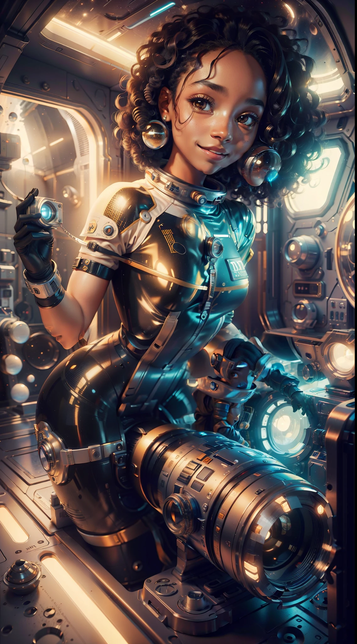 A full-body girl with black skin and curly hair floats inside a large gravitational capsule, (perfect smile: 1.8), golden ratio, anime portrait Space Cadet Girl, of a 2 0 1 9 Sci Fi 8 K movie, Zoe Kravitz futuristic astronaut, 8 K movie still, still 8 K movie, Zoe Kravitz as an astronaut,  in space suit, girl in space, panoramic view, portrait 8k render, beautiful woman in spacesuit, amplitude, open plan, cinematic, photorealism, Photographed on a Canon EOS-1D X Mark III, 150mm lens, F/0.8, sharp focus, volumetric fog, dramatic light, volumetric light, neon, 8k uhd, dslr camera, maximum quality, film grain, anamorphic, amplitude