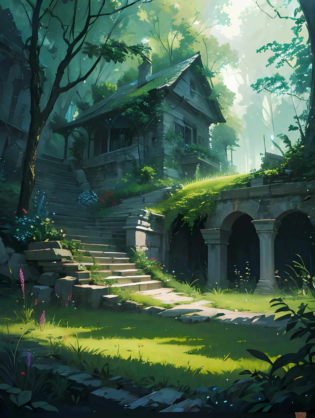 (absurdres, highres, ultra detailed), forest garden, fantasy, flower,ruin with tree and rock,grass, peacefully, intricate details, concept art, digital painting, contrast, concept art, digital painting