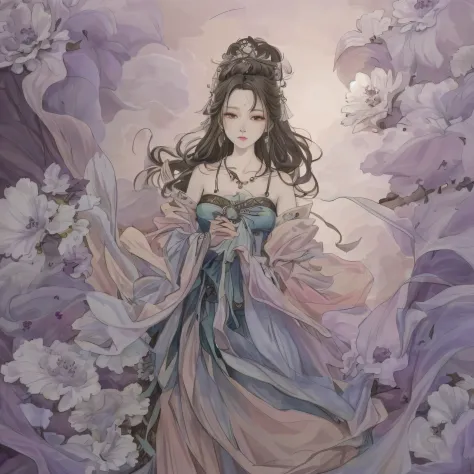 there is a woman in a dress that is walking in the flowers, palace ， a girl in hanfu, artwork in the style of guweiz, guweiz, gu...