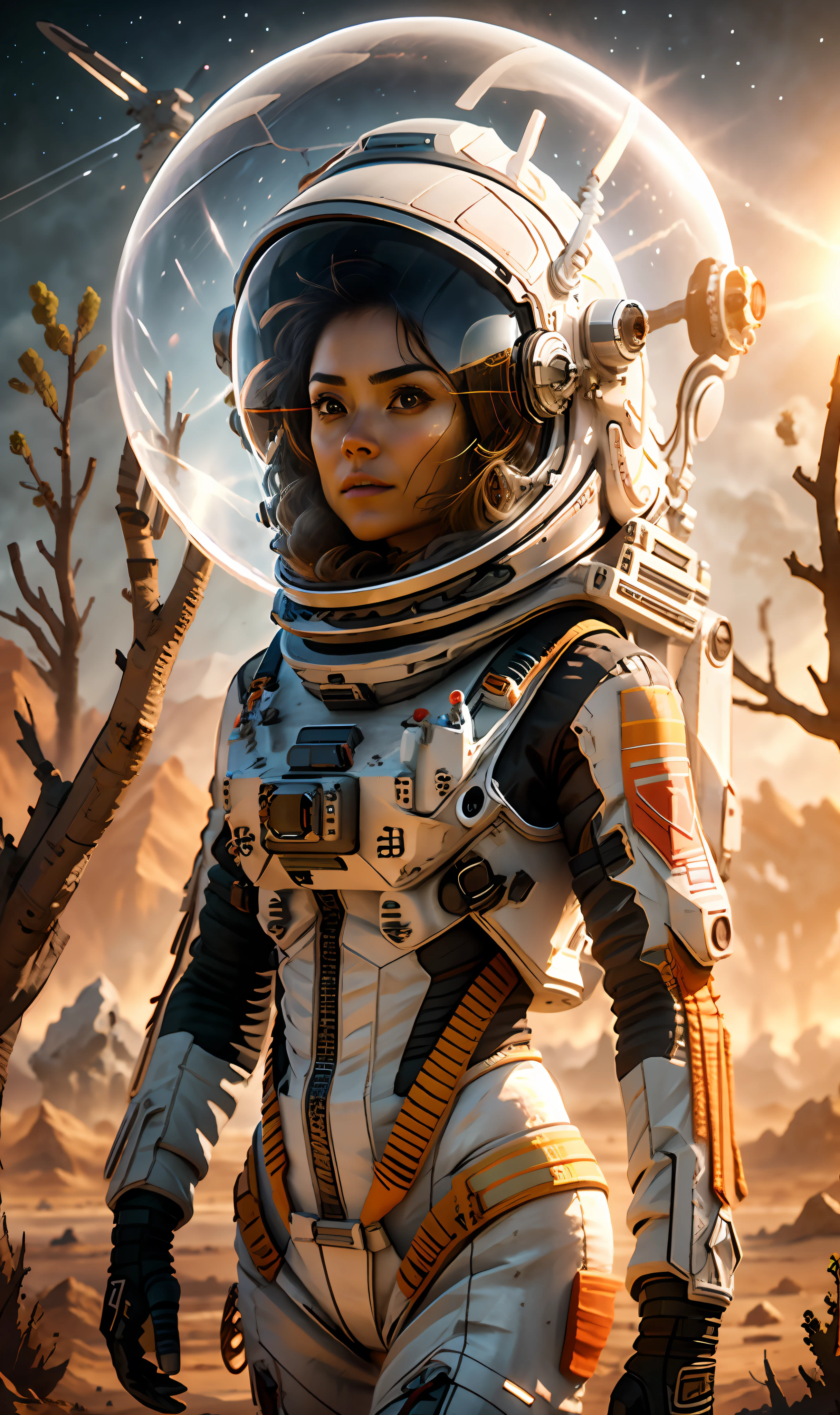 kit bashing, alien landscape, swampland, solitary female astronaut, radio dish antenna, Electric Purple, utility belt, Metallic Gray Zinc, sci-fi, masterpiece, 16k, UHD, HDR, the best quality, body-tight suit, intricate, the most fantastic details, cinematic composition, dramatic lighting, full body, celestial bodies in the sky, dead trees, dry bushes, realistic reflections, sunset, a military compound, to scale, lonely, sad, dynamic posture, ruffles, quillings, embroidery