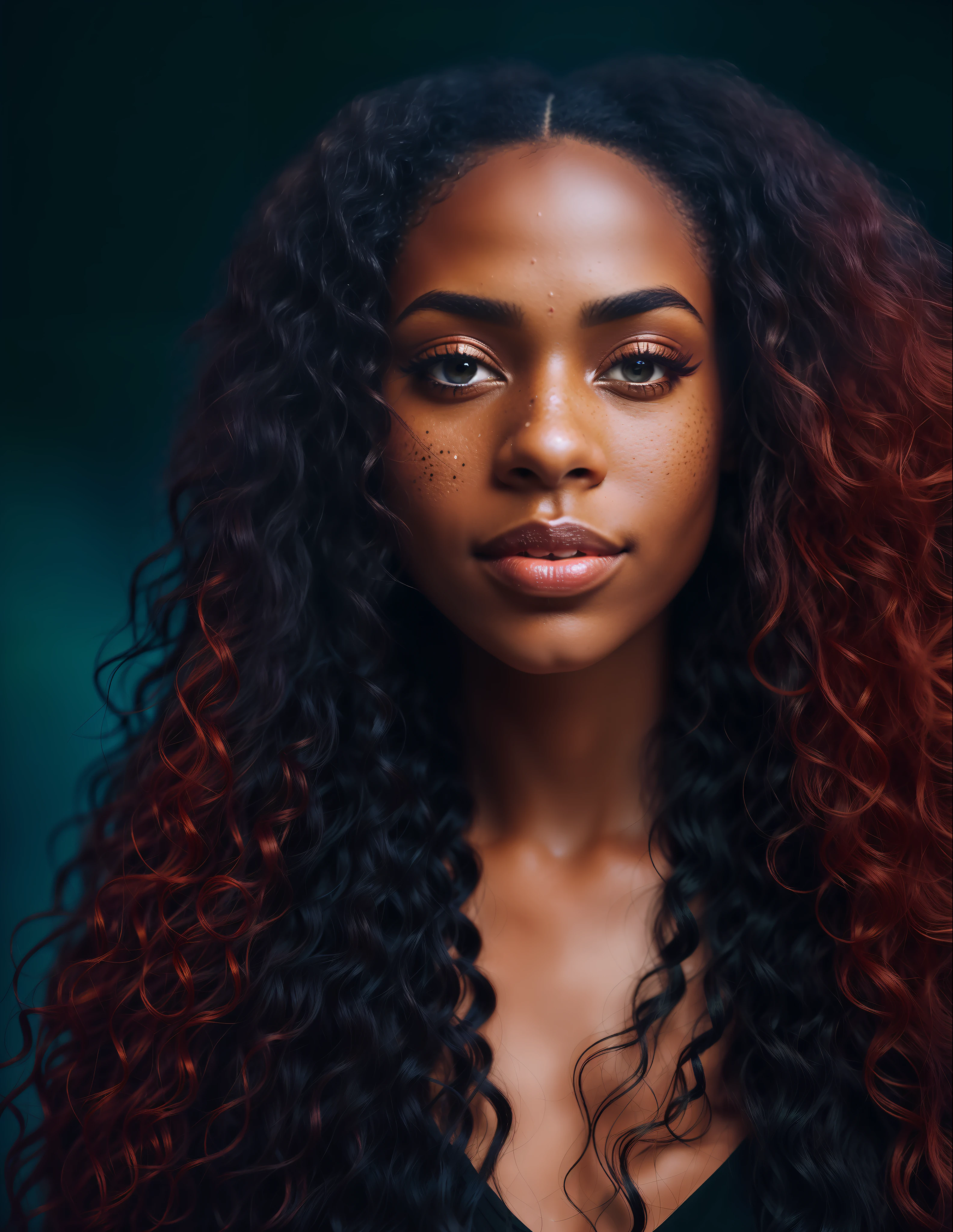 A close up of a woman with long curly hair and a black top - SeaArt AI