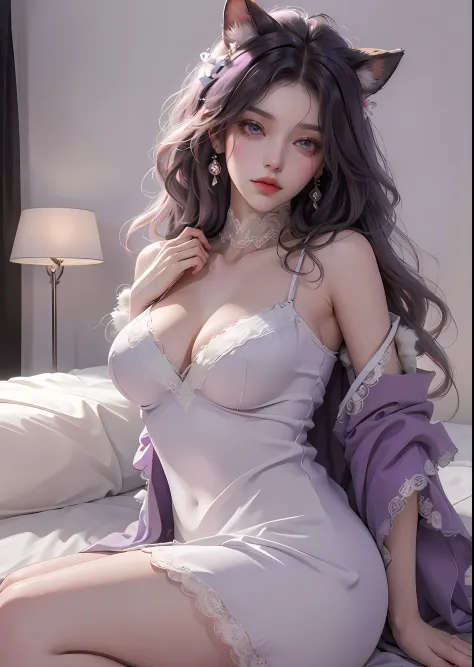 White background, 4K, Masterpiece, highres, absurdres, bare shoulder, bare thighs, fur , a woman wearing lace nightdress, posing in front of a bed, light purple wavy hair, lust, lewd eyes, shy, shy look, seductive, sexy pose, very large boobs, very large a...