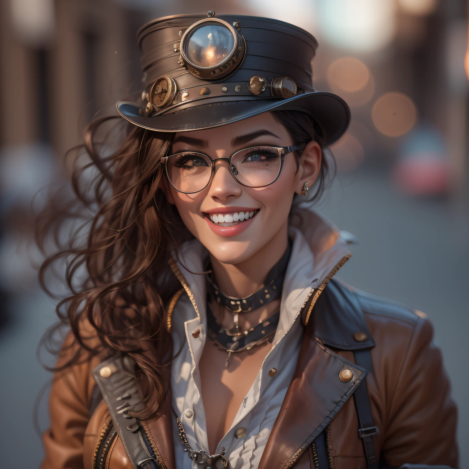 rendering; octane render, 4K, Masterpiece artwork, high resolution, absurderes, Natural volumetric lighting and better shadows, high-detailed face, highly detailed face features, smiling, beautiful smiling, 2 girls, long hair, breastsout, blue colored eyes, hat, jewelery, jaket, red hair, booties, pants, necklase, glaze, hair orange, blonde, eyeglass, corset, curly hair, glasses on head, stripey pants, Steampunk, Steampunk_custom