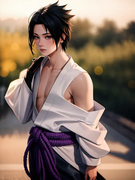 1boy, Sasuke, a man with a sword in his hand, purple skirt, wearing SSK_outfit, posing for a picture, left shoulder exposed, abs...