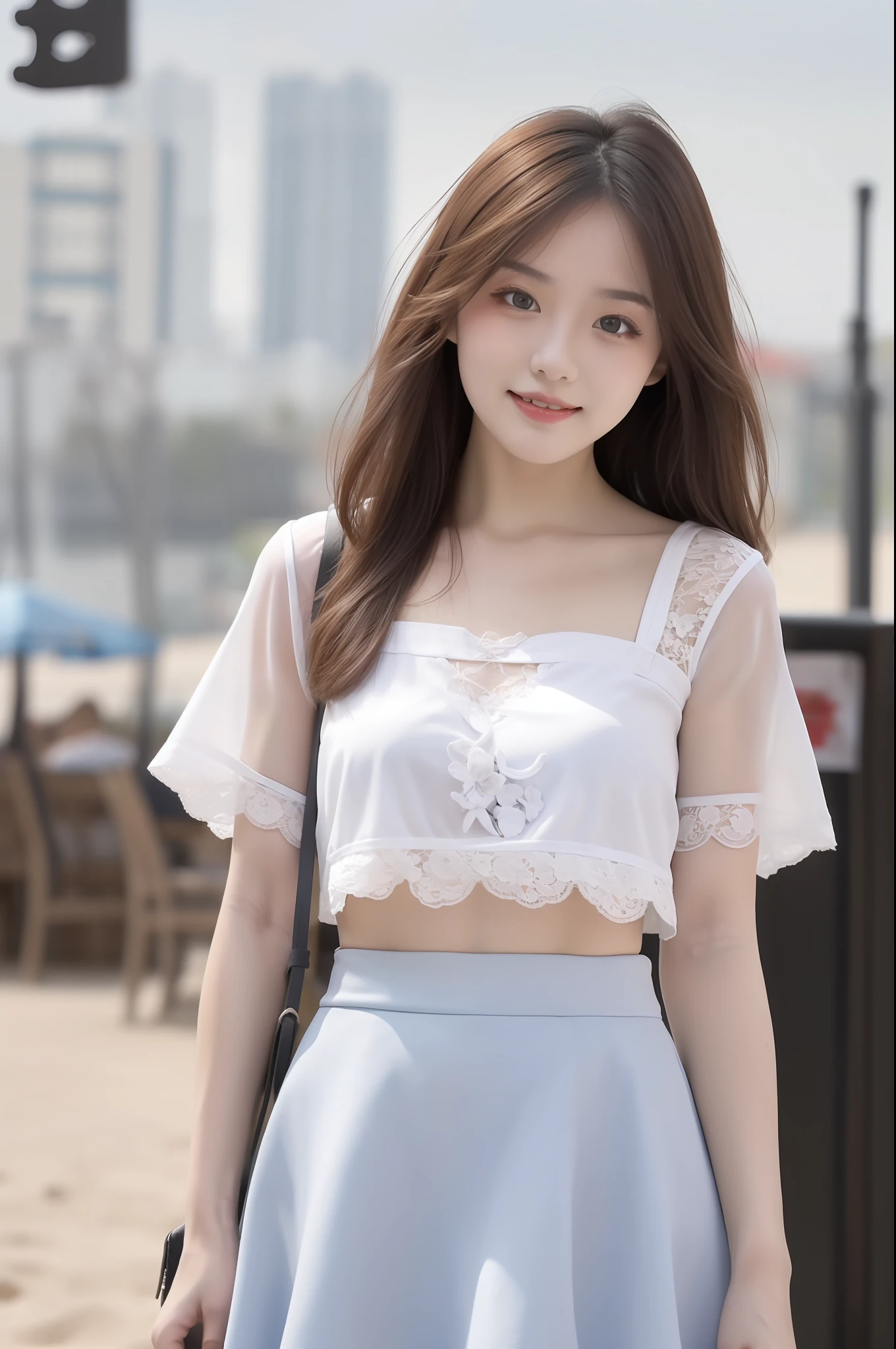 high detal,8K分辨率,超高分辨率,Young beautiful girl slightly fat,((waist-up)) ，full bodyesbian，A cute girl，long whitr hair，Bright and clear eyes,(voluminous hair,鎖骨,Exquisite and perfect facial features, the most beautiful big eyes,Long eyelashes,Wear a lace suspender bandeau top，Skirt，Puffy skirt，，Crop topping，sweet eyes,ssmile)，dynamic angle,Extreme picture quality,Highest accuracy,Precise and perfect human anatomy，with blue sky and white clouds，On the beautiful seaside，sandbeach。