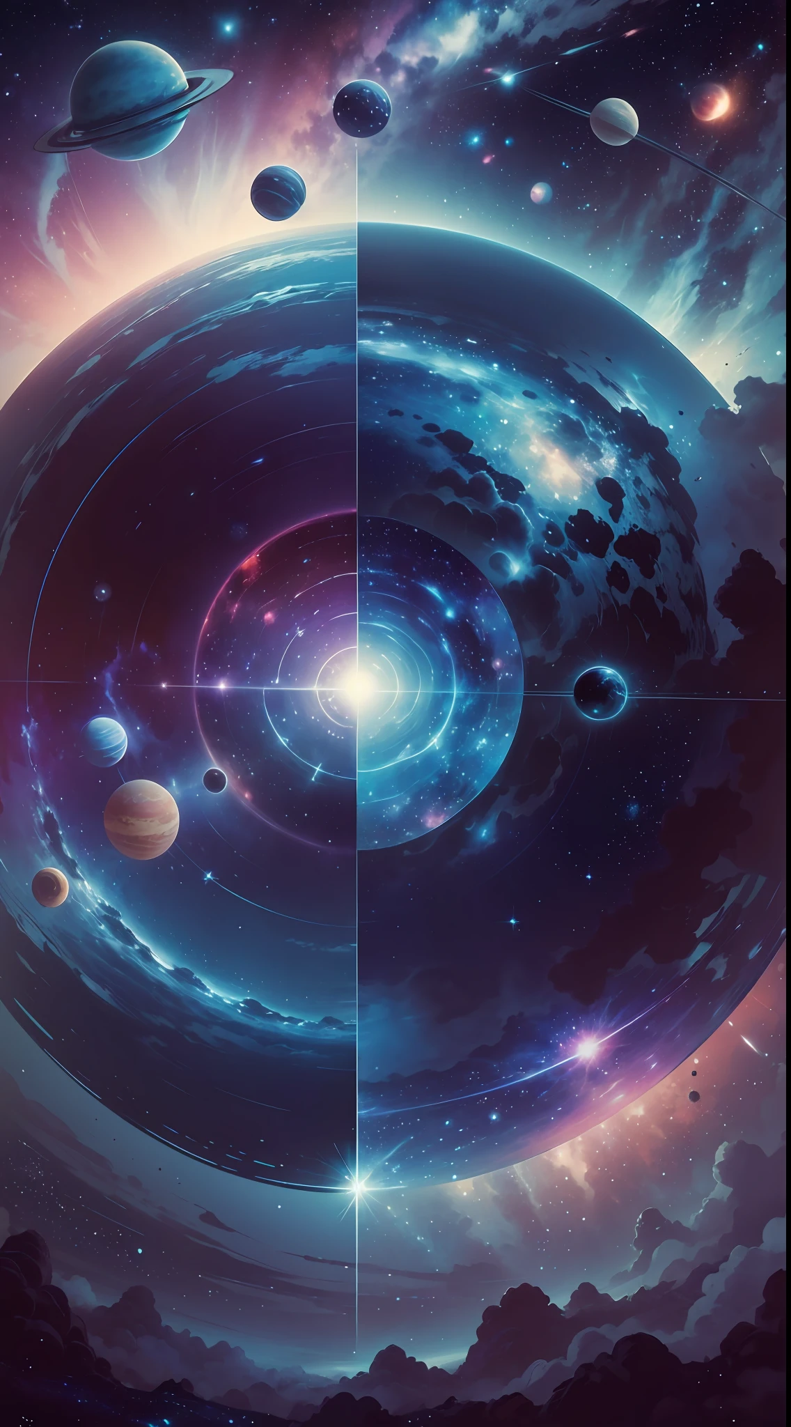 宮崎駿のスタイルで、青とピンク色の惑星と明るい白い星が描かれた宇宙。, —21で:9 --auto --s2