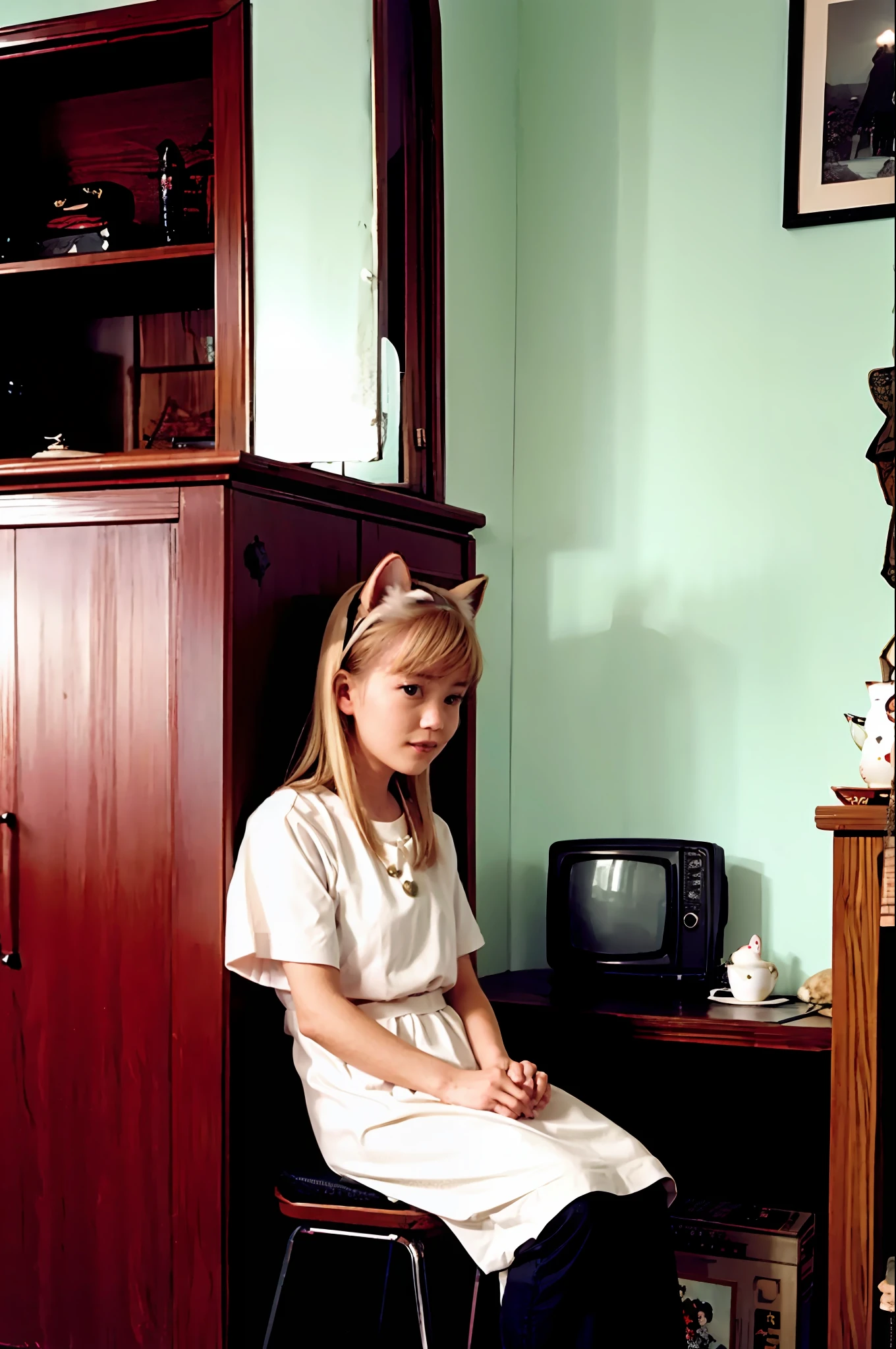 masutepiece, Best Quality, Indoors, 1girl in,Sitting, Animal ears, Komono, Blonde hair, Long hair、by the window