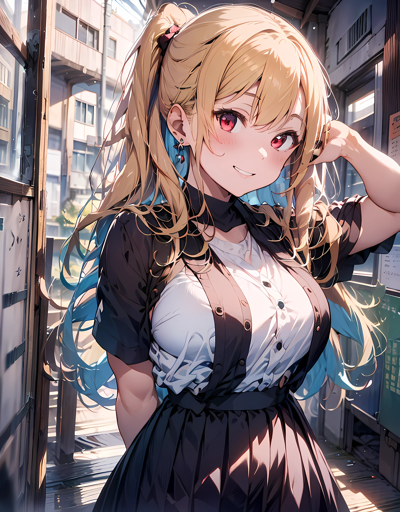 masterpiece, best quality, highres, Japanese school girl, 1girl, blonde hair, long hair, multicolored hair, pony-tail hair style, red eyes, jewelry, earrings, piercing, school uniform, white shirt, one-piece uniform, pleats skirt, grin, light smile, standing, cowboy shot, outdoors, arms behind back, hands behind on hip, detailed human hands, HDTV:1.2, school room background:1.3,