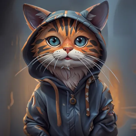 There is a cat that is wearing a jacket and a hood, arte digital detalhada bonito, painting digital adorable, arte digital bonit...