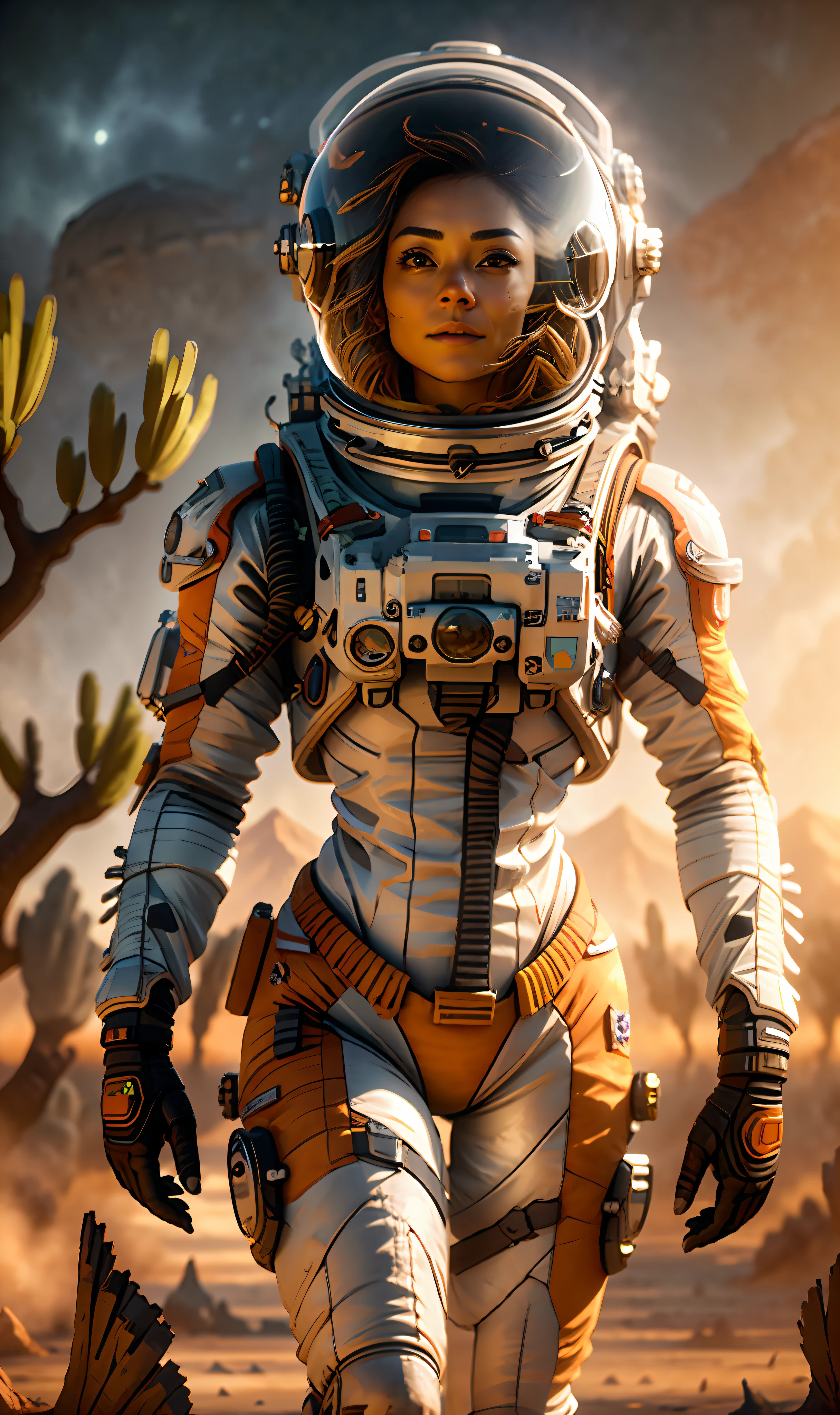 kit bashing, alien landscape, swampland, solitary female astronaut, radio dish antenna, Electric Purple, utility belt, Metallic Gray Zinc, sci-fi, masterpiece, 16k, UHD, HDR, the best quality, body-tight suit, intricate, the most fantastic details, cinematic composition, dramatic lighting, full body, celestial bodies in the sky, dead trees, dry bushes, realistic reflections, sunset, a military compound, to scale, , sad, dynamic posture, ruffles, quillings, embroidery