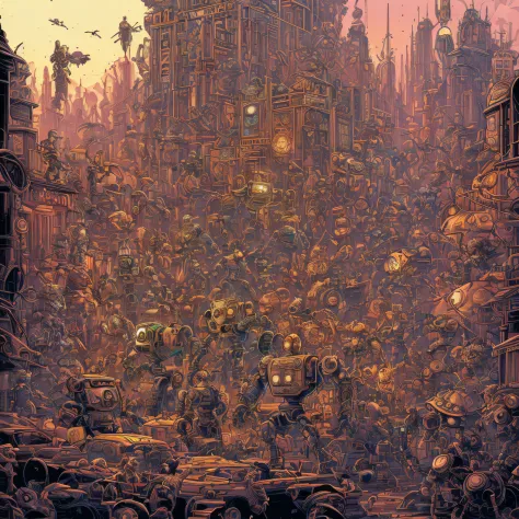 a drawing of a bunch of robots and people, highly detailed cover art, insanely intricate, exceedingly insanely intricate, insane...