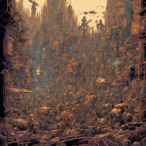 a drawing of a bunch of robots and people, highly detailed cover art, insanely intricate, exceedingly insanely intricate, insane...