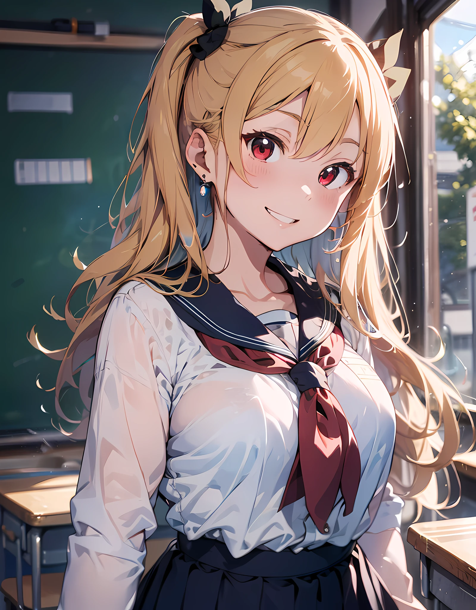 masterpiece, best quality, highres, ultra-detailed, ultra-sharp, Japanese school girl, 1girl, blonde hair, long hair, multicolored hair, pony-tail hair style, red eyes, jewelry, earrings, piercing, ((detailed school girl uniform:1.3), white collard sailor shirt, red tie, navy jumper skirt, lovely look), grin, light smile, standing, cowboy shot, outdoors, arms behind back, hands behind on hip, detailed human hands, HDTV:1.2, ((detailed school room background:1.3)), 8 life size, anime style, anime style school girl, inspiration from Kyoto animation and A-1 picture,