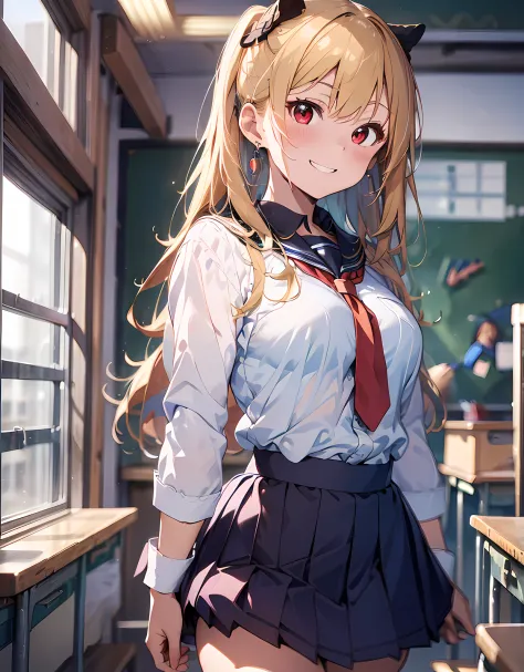masterpiece, best quality, highres, ultra-detailed, ultra-sharp, Japanese school girl, 1girl, blonde hair, long hair, multicolored hair, pony-tail hair style, red eyes, jewelry, earrings, piercing, ((detailed school girl uniform:1.3), white collard sailor ...