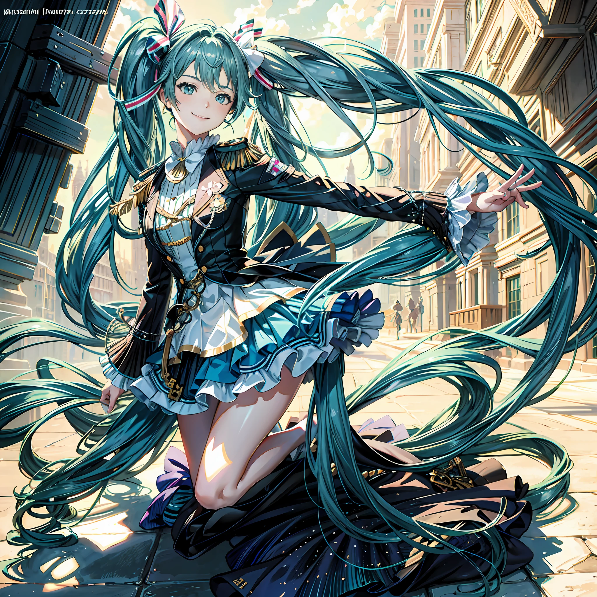 1girl, ((独奏)), Long hair, hatsune miku, Dress, bare footed, Kneeling, ((extra very long hair)), Blue hair, blue eyes, ((Green Celtic closed dress with long sleeves)), ((2 twintails)), ((aqua hair)), nail polish, ((nervous smile)), ((a perfect face)), ((perfect anatomy)), ((perfect foots)), ((Realistic poster with shaded lighting by Ilya Kuvshinov, magali villeneuve', artgerm, jeremy lipkin and michael garmash, Rob Rei and Kentaro Miura, Realistic, lineart, trending on artstation, pixiv)), ((five fingers on 2 hands and 2 eyes as a painting by Antonio Manzaneda)), ((dinamic lighting)), ((dynamicpose)), Momomiku, epaulettes