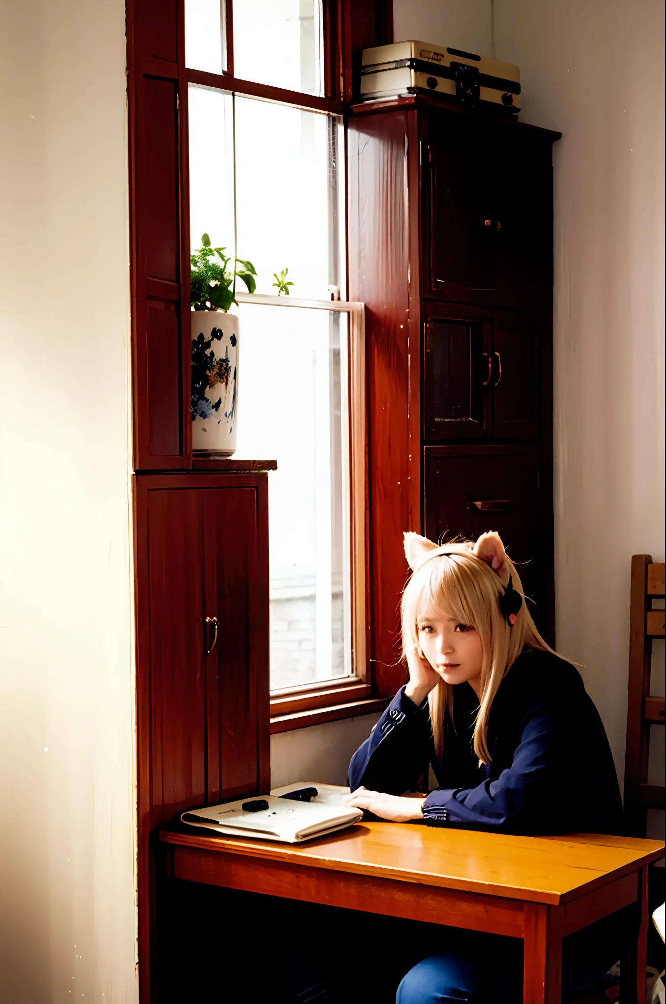 桌上, 最好的品質, 在室內, 1 女孩在,坐著, 動物耳朵, 常见的, 金髮, 長髮、在窗户旁边