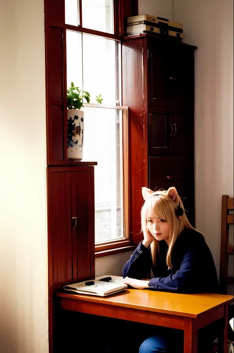masutepiece, Best Quality, Indoors, 1girl in,Sitting, Animal ears, Komono, Blonde hair, Long hair、by the window