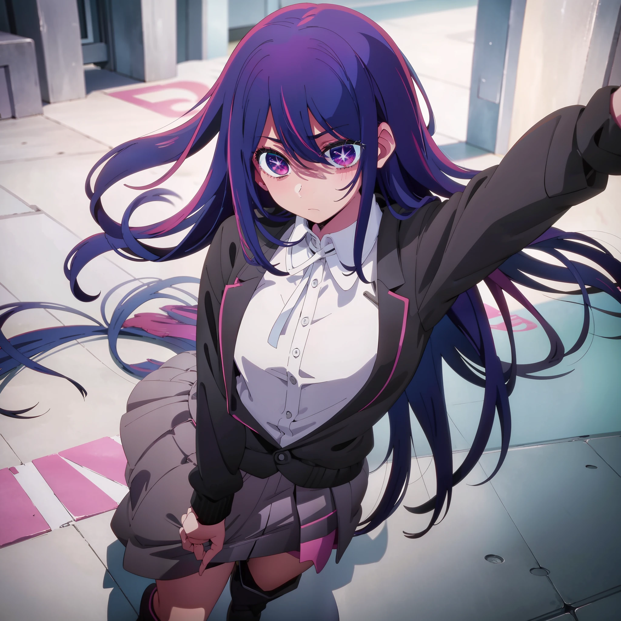 Anime girl with long purple hair and black jacket standing in a hallway -  SeaArt AI