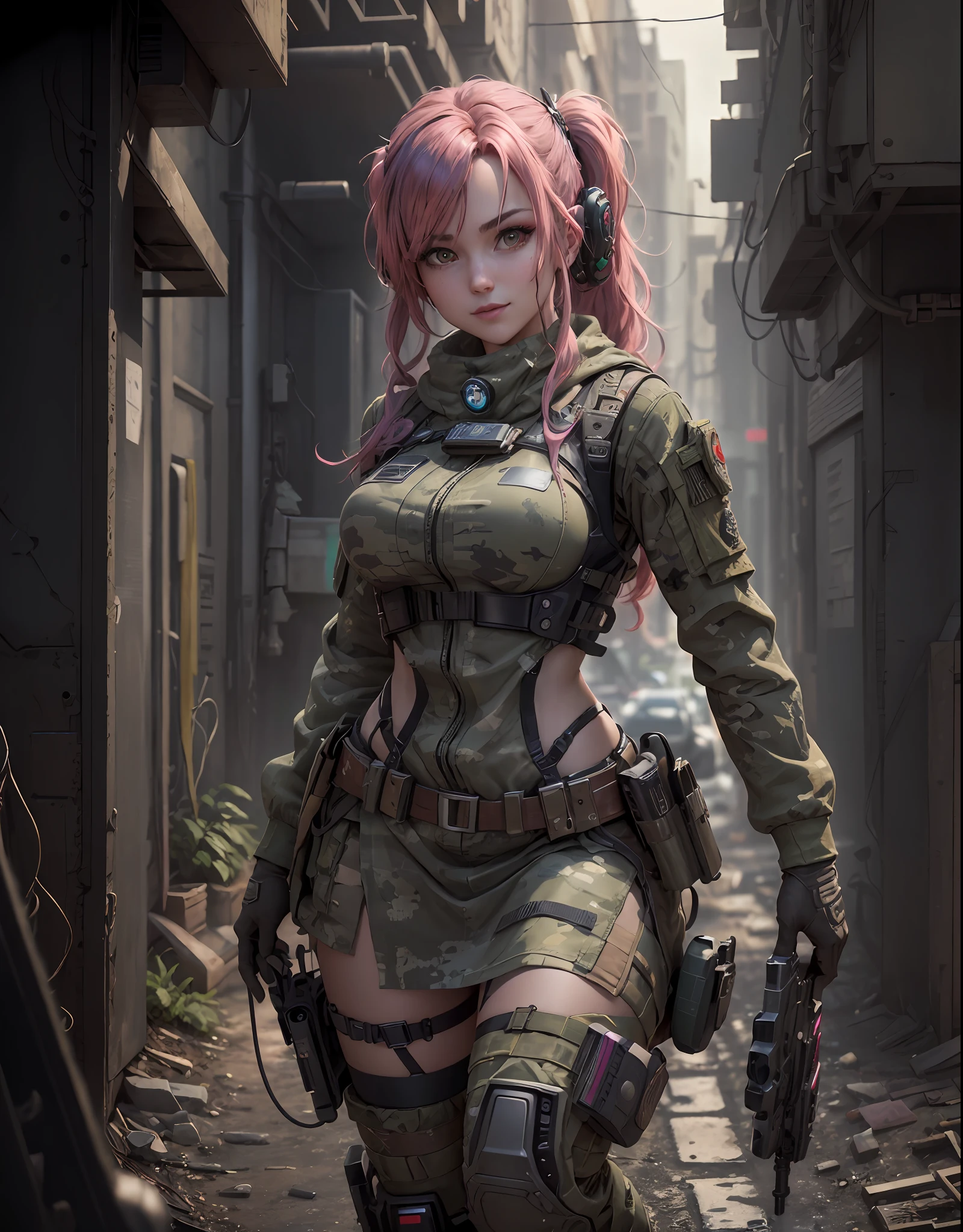 ((Best Quality)), ((Masterpiece)), (High Detail:1.3), 3D, machine gun in hand,beautiful (cyberpunk:1.2) special forces, robort, woman with thick voluminous hair in (in camouflage_uniform:1.1), bulletproof vest, raincoat, digital (camouflage: 1.3), HDR (High Dynamic Range), ray tracing, NVIDIA RTX, ultra-high resolution, Unreal 5, subsurface scattering, PBR texturing, post-processing, anisotropic filtering, depth of field, maximum clarity and sharpness, multi-layered textures, albedo and reflection maps, surface shading, accurate simulation of the interaction of light and material, ideal proportions, octane rendering, two-color lighting, wide aperture, low ISO, white balance, rule of thirds, 8K RAW, Effective subpixel, subpixel convolution, pink hair, horns, pink eyes, twin tails, grin