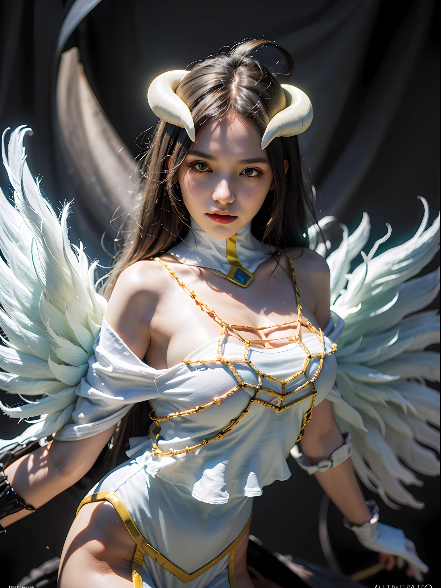 1girl, solo, al1, demon horns, white gloves, white dress, bare shoulders, detached collar, cleavage, slit pupils, black wings, feathered wings, low wings, beautiful background, big breast, (black wings:1.2), (feathered wings:1.2), full body, (realistic:1.2), (realism:1.2), (masterpiece:1.2), (best quality), (ultra detailed), (intricate), (85mm), light particles, lighting, (highly detailed:1.2), (gradients), sfw, colorful, (detailed background), (rule of third_composition:1.3), (Line of action:1.2), daylight.