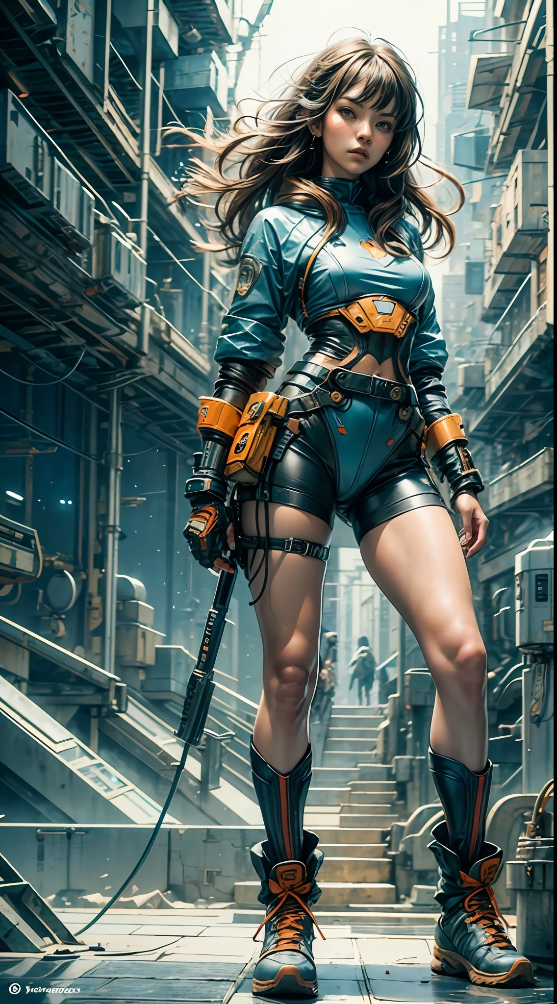 1monk 身着蓝橙色机械服装的女战士, 長黑髮, 鞋帶, 復古科幻背景摘要, Moebius 的艺术作品, 阿什利·伍德的藝術作品