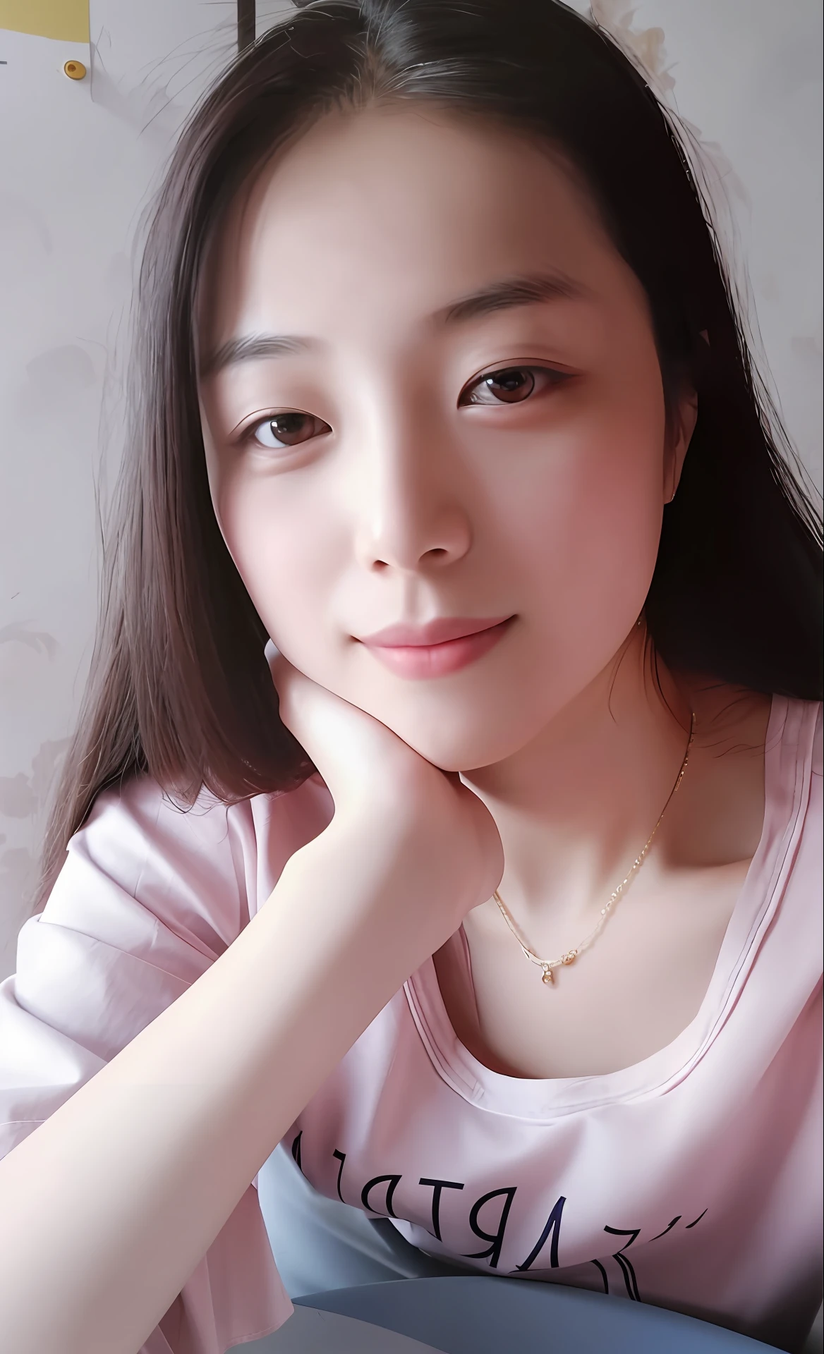 Close-up of a woman sitting at a table in a pink shirt, xintong chen, wenfei ye, Zhang Pengzhen, chengyou liu, li zixin, Korean girl, Lin Qifeng, zeng fanzh, xiaolong wang, Zhang Wanting, Xue Han, xiaofan zhang, xision wu, Wang Qichao