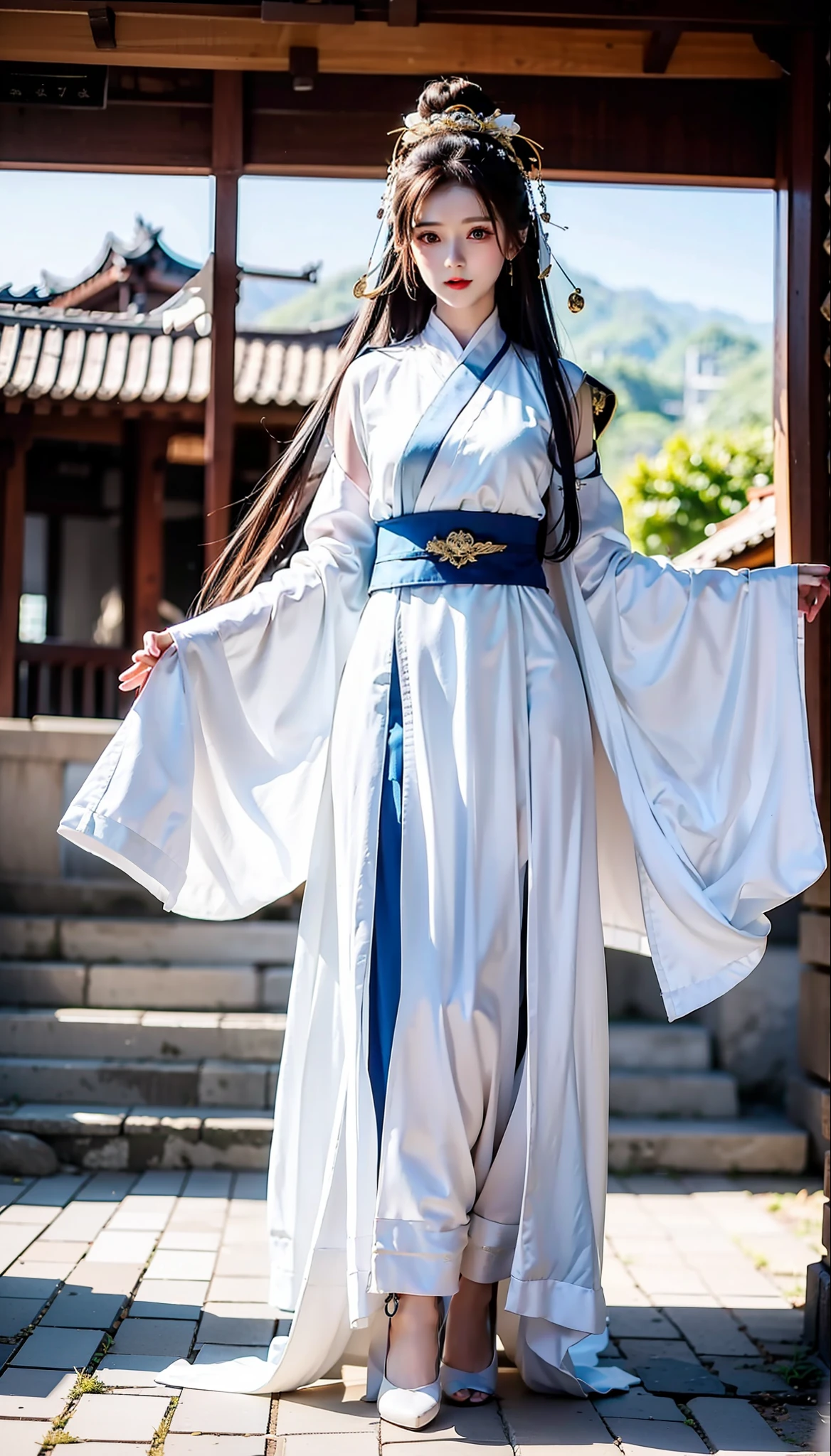 swordsmen，White robe white，long whitr hair，Ancient buildings，deep mountain，Tall and tall，Slender physique，Full body photo of a woman