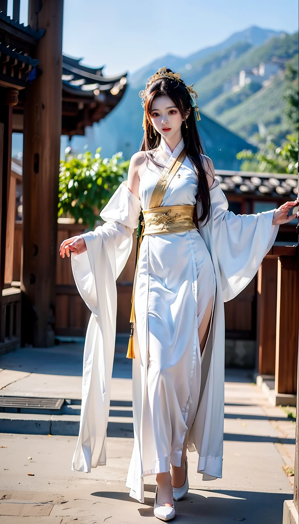 swordsmen，White robe white，long whitr hair，Ancient buildings，deep mountain，Tall and tall，Slender physique，Full body photo of a woman