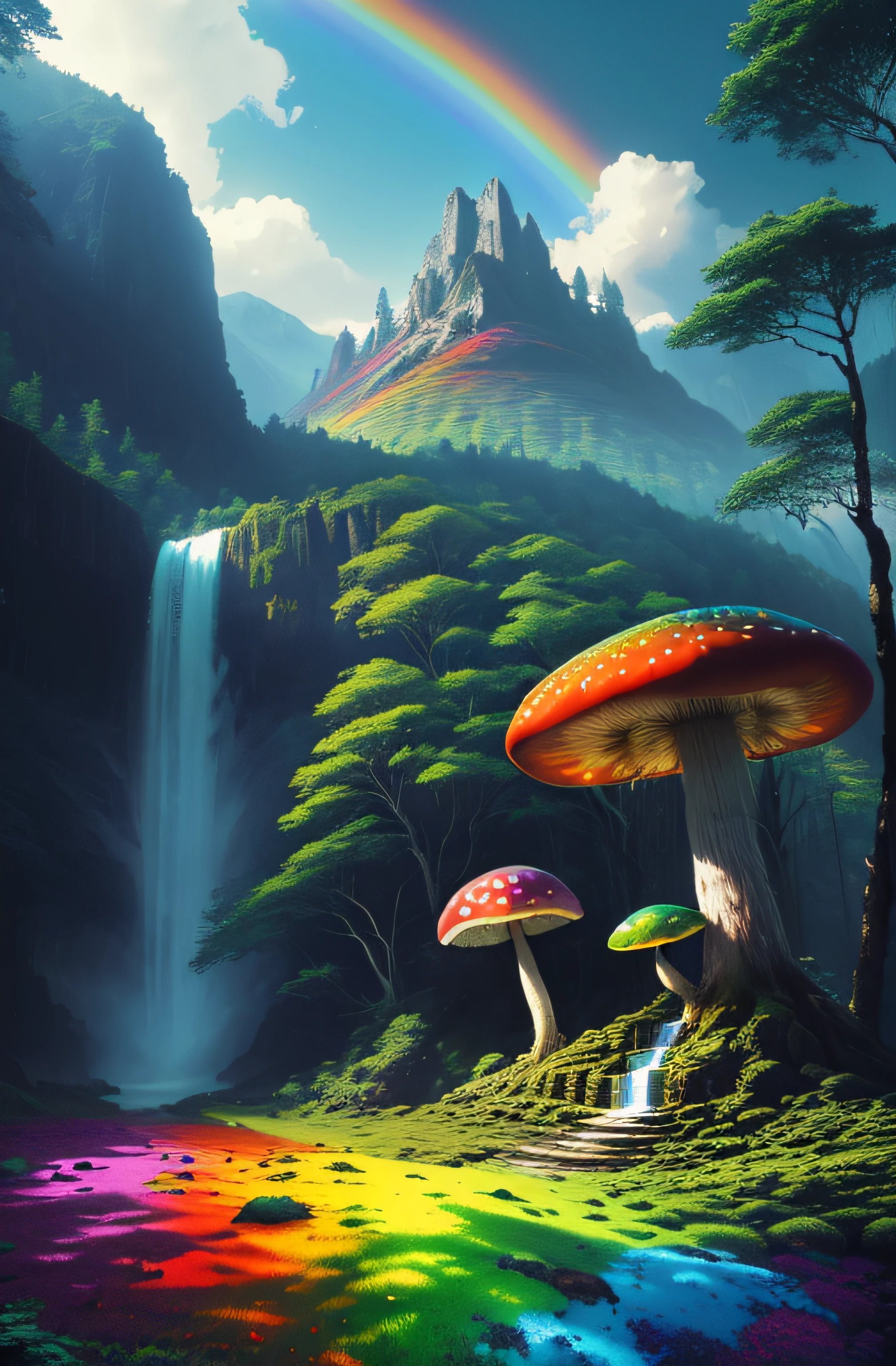 rainbow forest, tree, nature, mushroom, waterfall, standing, outdoors, mountain, sunny day,(by Artist Greg Rutkowski:1.3),(Vivid Colors:1.3)
