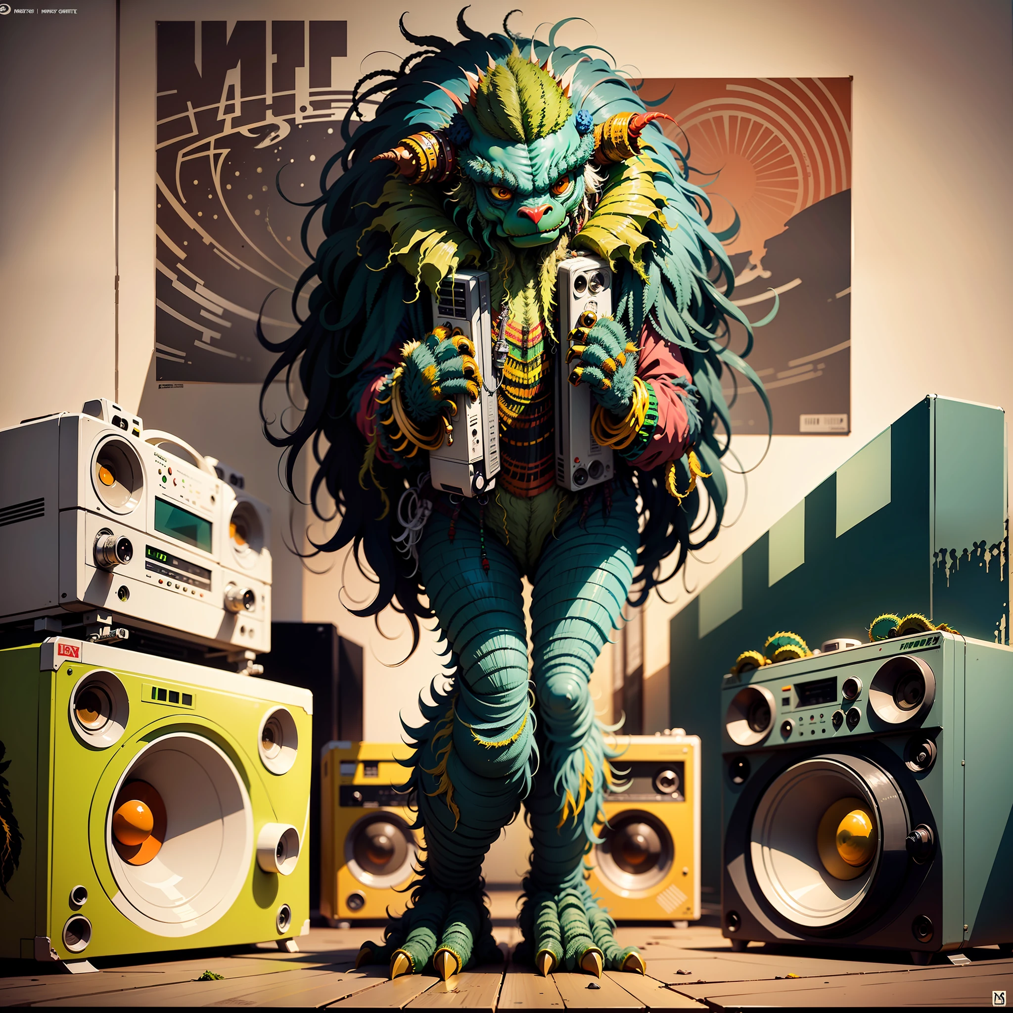 a ((((([rasta monster creature])))))), ( full body shot) holding a boombox, ghetto blaster, big ghetto blaster, tape deck, lofi hip hop, audio equipments, cassette, retro technology, nostalgic vibes, 1 9 6 0 s tech, radios, vintage, the 6 0 s, propaganda Poster style, Poster design, poster art style. 1970s, 1950s, 1960s, Very colourful poster, colour art, thirds rule, inspiring, 1970, lofi hip hop, high quality artwork, artwork, poster art style, promotional artwork, hiphop, 1 9 th, print, high quality wallpaper, poster artwork, style of shepherd fairey, in a retro or vintage style, reminiscent of classic advertisements or posters. Use warm and muted colors, capturing the nostalgic feel of vintage artwork, bird's eye view