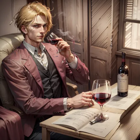 a man holding a wine glass in his hand, johan liebert mixed with alucard, johan liebert mixed with dante, johan liebert, manhwa,...