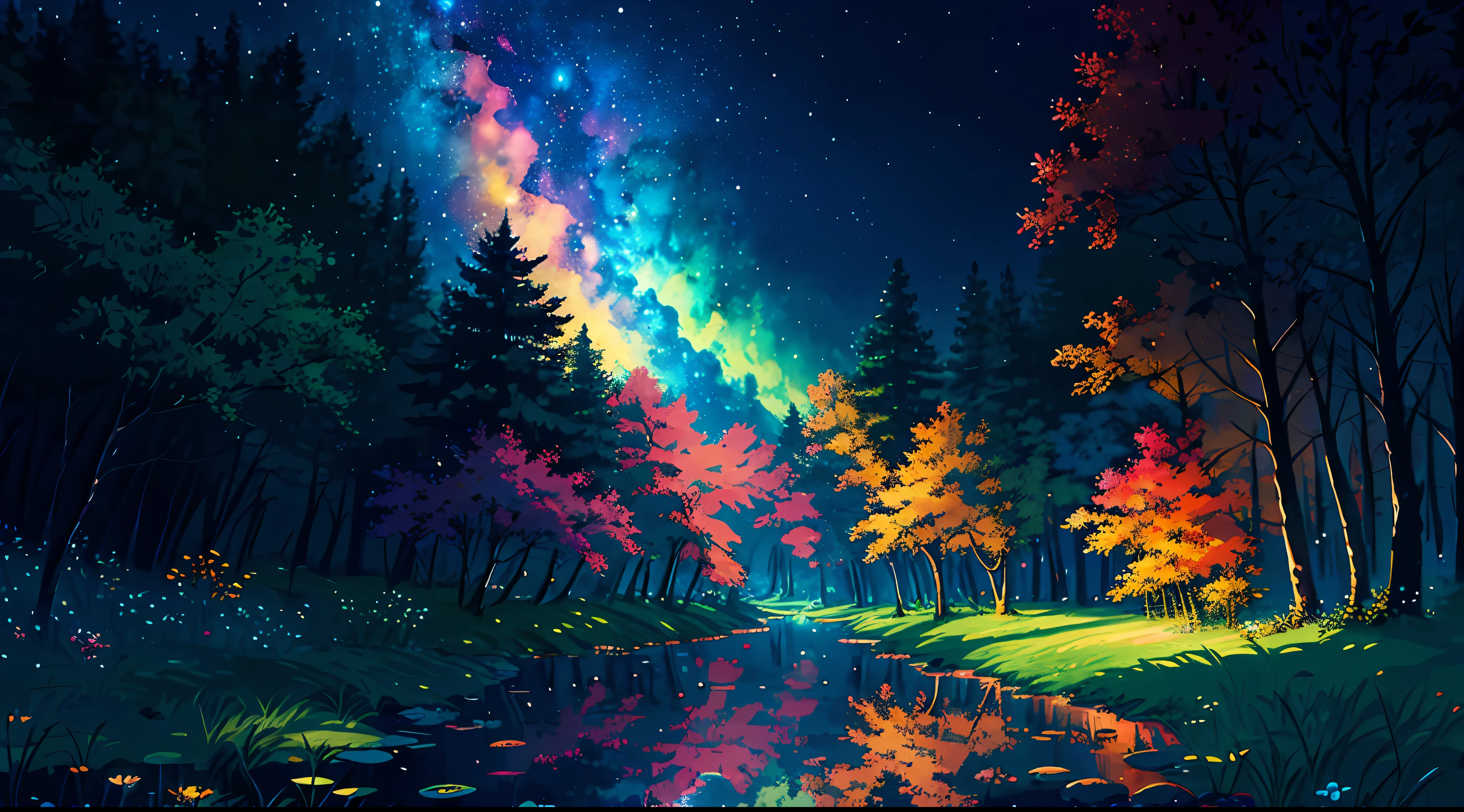 illustration, cartoon, soothing tones, calm colors, (anime), (illustration), cartoon, detailed, masterpiece, beautiful landscape, forest, pond, pathway,night, nebula, starry sky, 8k, best quality, dark shot, detailed