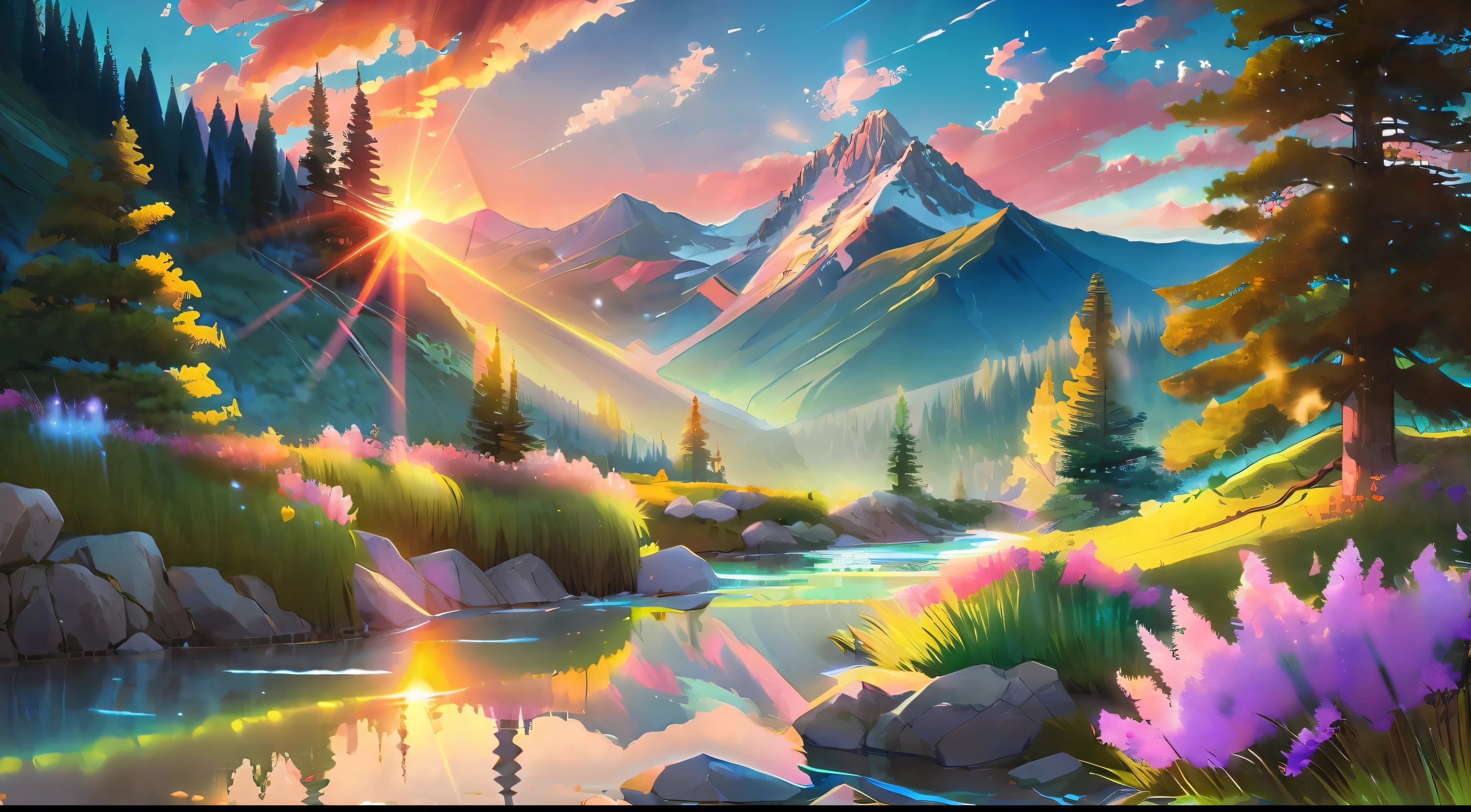 (best illumination, best shadow), scenic anime landscape, beautiful nature scenery, breathtaking view, majestic mountains, lush greenery, flowing streams and rivers, colorful flora and fauna, peaceful atmosphere, magical sunset.