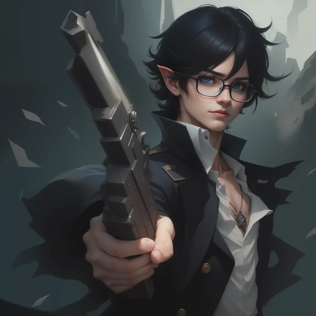 adulto macho elfo orelhas longas, anime dark hair and navy blue eyes in black suit and glasses holding a pirate pistol in his ri...