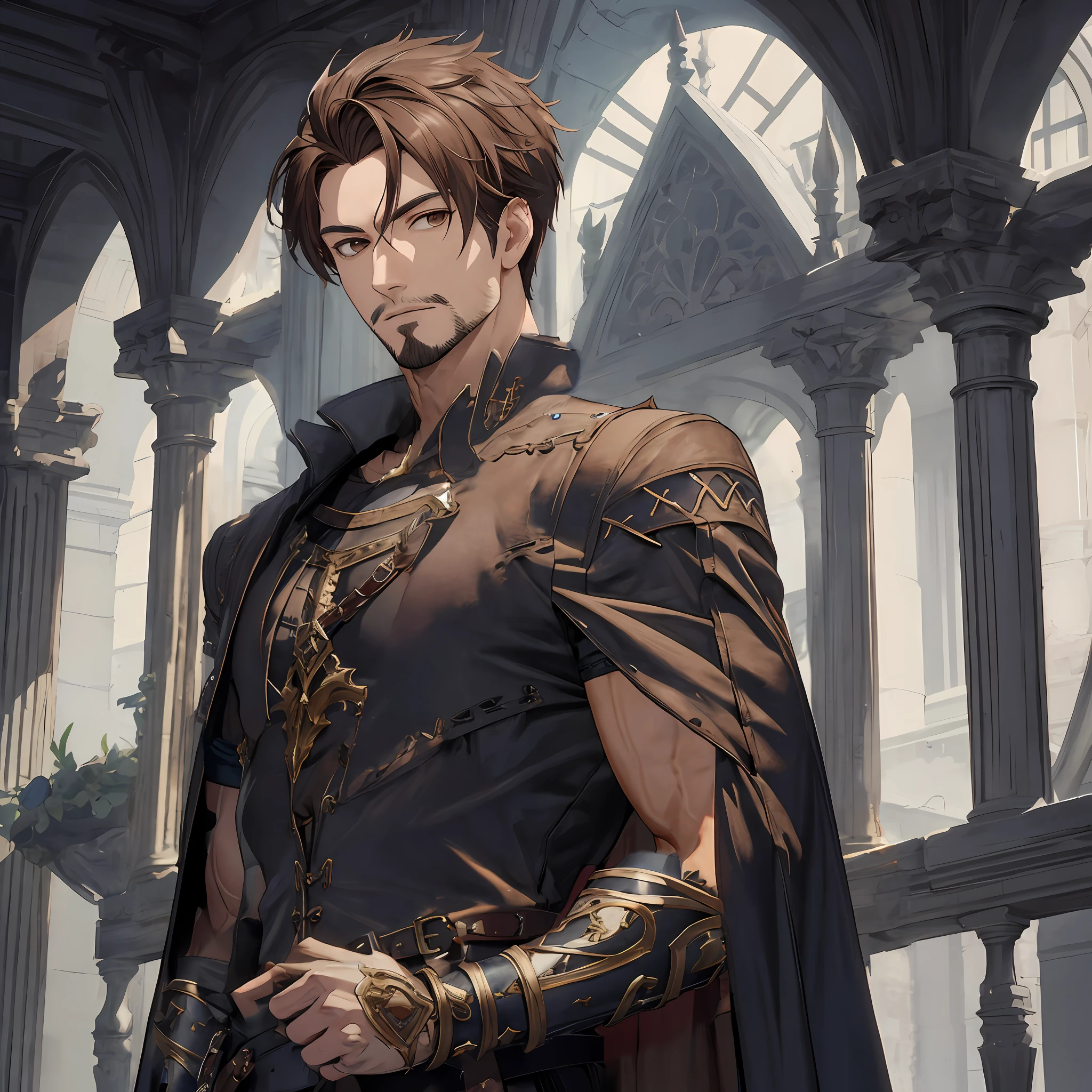 muscular, muscular arms, male, brown hair, vibrant brown eyes, shadowverse style, masterpiece, highly detailed, demonic, medieval armor, cape, cid_outfit