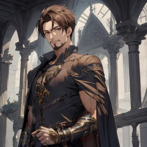 muscular, muscular arms, male, brown hair, vibrant brown eyes, shadowverse style, masterpiece, highly detailed, demonic, medieva...