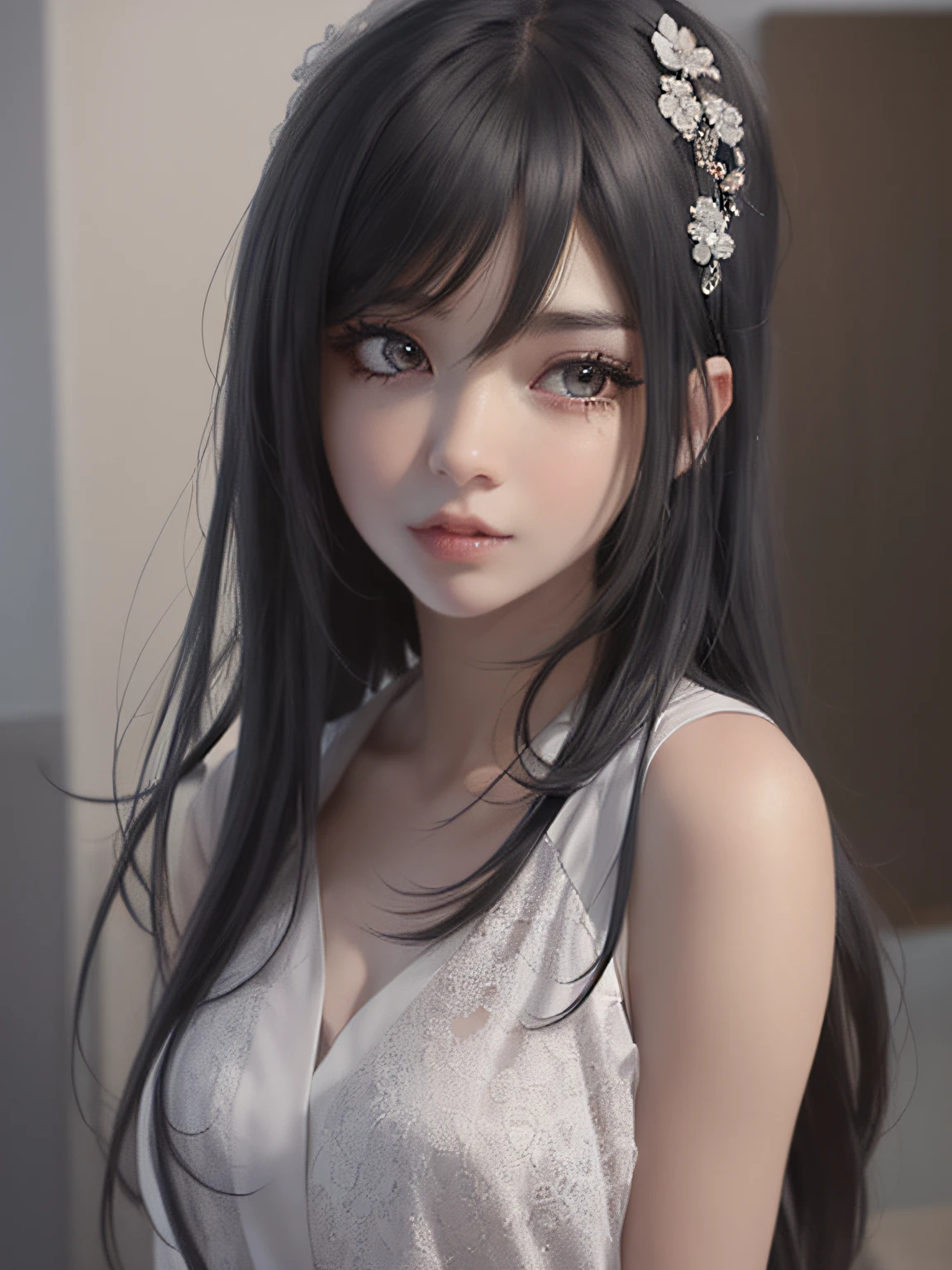 Anime girl with black hair and white dress is taking pictures, kawaii realistic portrait, realistic anime 3 d style, artwork in the style of guweiz, Smooth Anime CG Art, realistic anime art style, Detailed Digital Anime Art, realistic art style, detailed portrait of an anime girl, Realistic anime art style, Anime Realism Style, 8k high quality detailed art