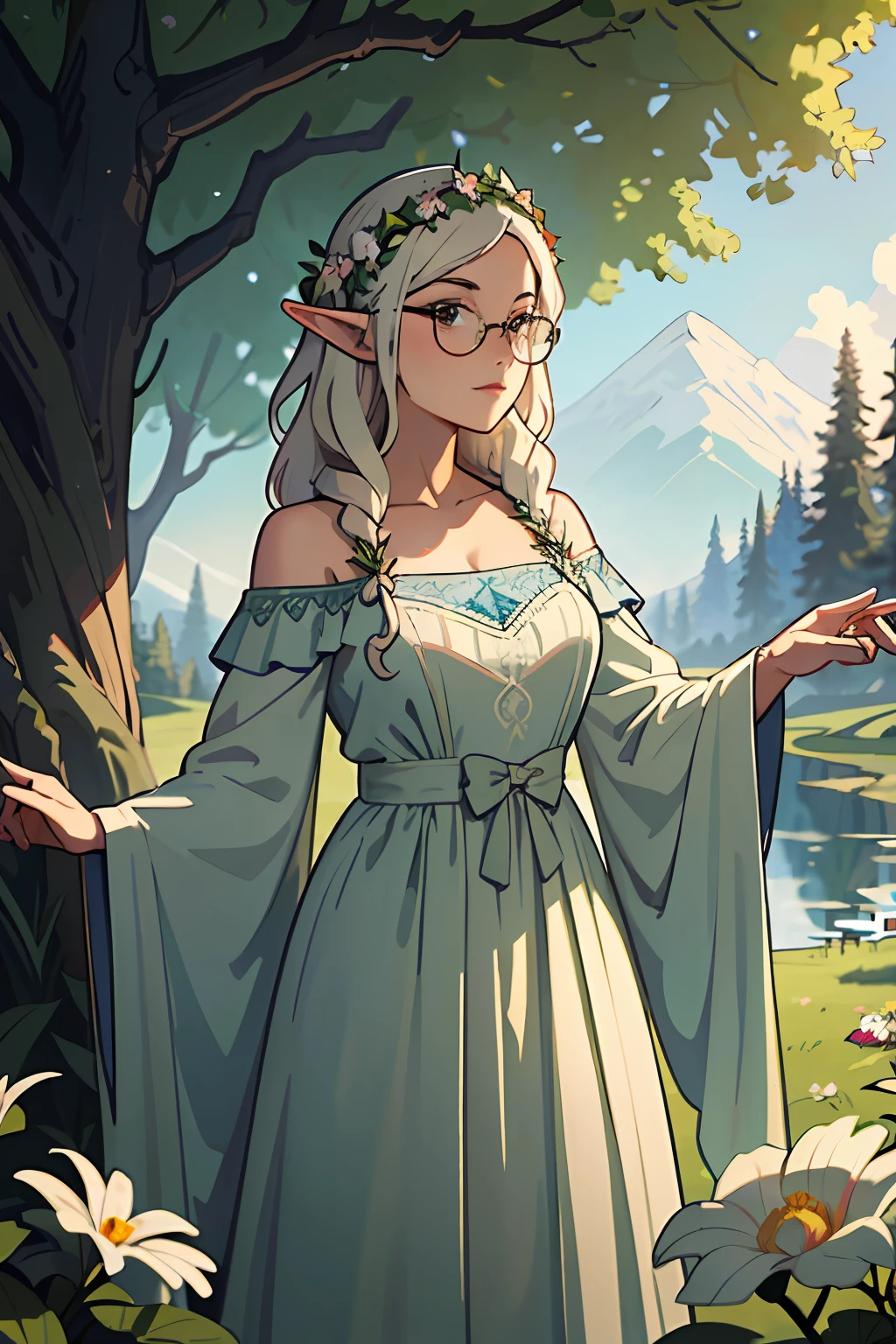 (masterpiece, best_quality, ultra-detailed, immaculate:1.3), epic, illustration, elven woman, glasses, curly hair, bows, lace, druid, wizard, ((nature)), dnd, vines, animals, sundress, cottagecore, flowers