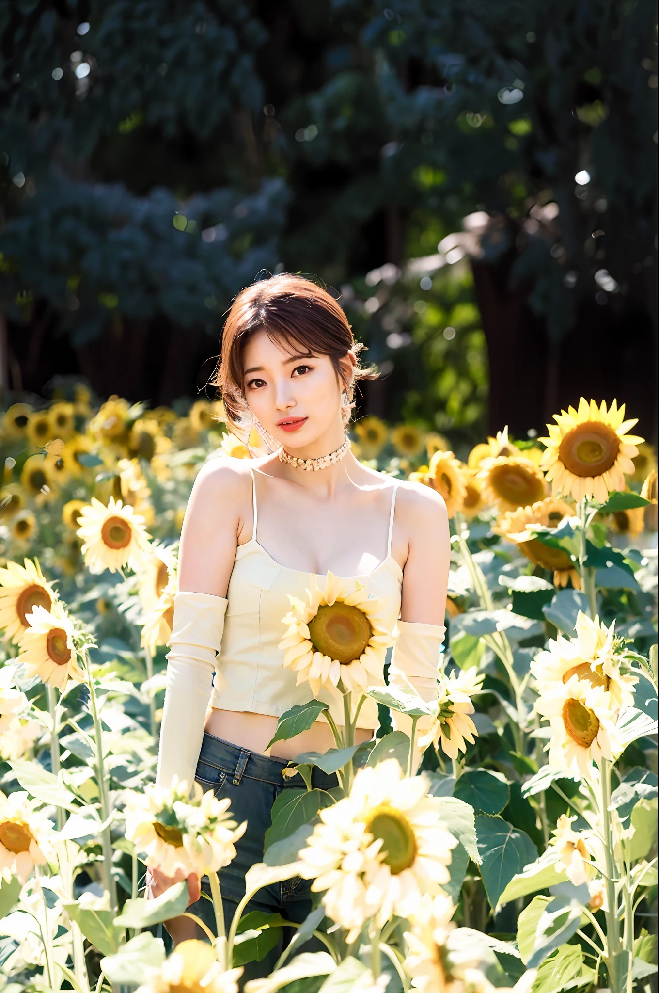 Woman in Aradi in a field of bubbles of sunflowers, beautiful sunflower anime girl, hot with shining sun, um dia ensolarado, On a sunny day, and the sun was shining brightly, Sunny day, scene: Sunflower field, scene : Sunflower field, sunflowers in the background, on a bright day, bae suzy, happy sunny day, sunny day time, sunny mid day