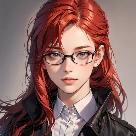 Realistic face red-haired girl with glasses