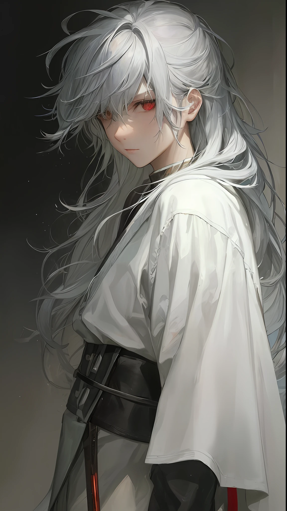 a close up of a person with a white hair and a sword，white-haired god，long  white hair，Long white hair，Guviz-style artwork，White hair，Guviz，handsome guy in demon killer art，beautiful character painting，by Yang J，whaite hair，Guvitz on the Pixif Art Station，anime figure，Red clothes，Red robe，Black tunic